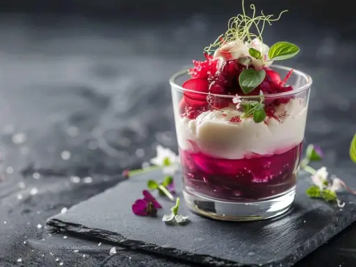 Verrines betteraves boursin vinaigre balsamique miel, une création culinaire aux couches vibrantes et garniture délicate.