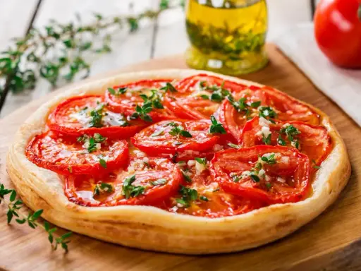 Tarte aux tomates cerises, garnie d'herbes fraîches et d'ail, prête à être dégustée.