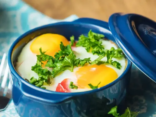 Un délicieux oeuf cocotte, parsemé de persil frais, prêt à être dégusté avec une fourchette.