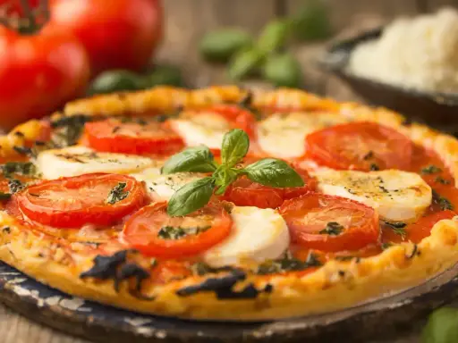 Délicieuse tarte tomate mozza, garnie de basilic frais et de tomates juteuses, prête à être dégustée sur un fond rustique.