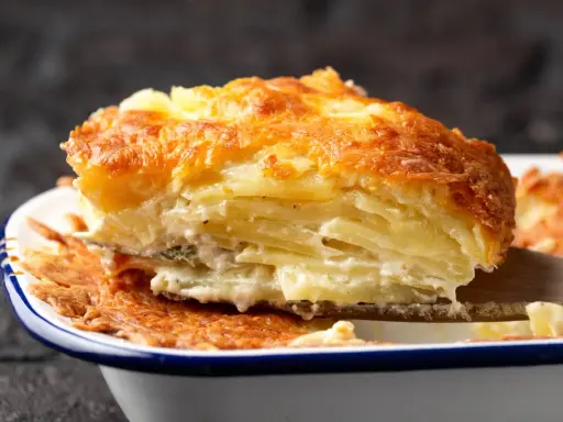 Une part généreuse de gratin de pomme de terre, avec sa croûte dorée et ses couches crémeuses, est soulevée par une spatule en bois.