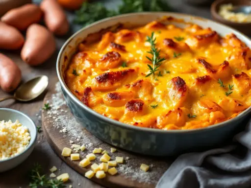 Un délicieux gratin patate douce doré et gratiné, garni de romarin frais. Des patates douces crues et du fromage râpé sont disposés autour.