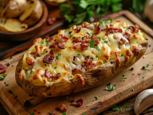 Pomme de terre farcie au fromage fondant et lardons croustillants, garnie de persil frais. Un délice réconfortant.