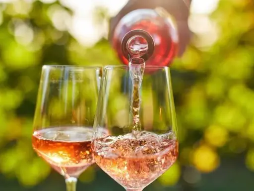 Le danger du vin rosé : une bouteille verse son contenu dans deux verres, créant une cascade pétillante sous un soleil radieux.