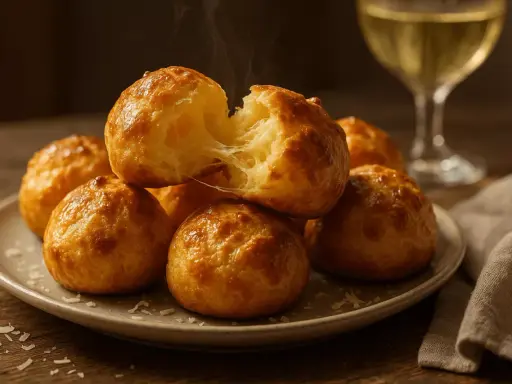 Gougeres au fromage chauds et filants, prêts à être dégustés avec un verre de vin blanc.