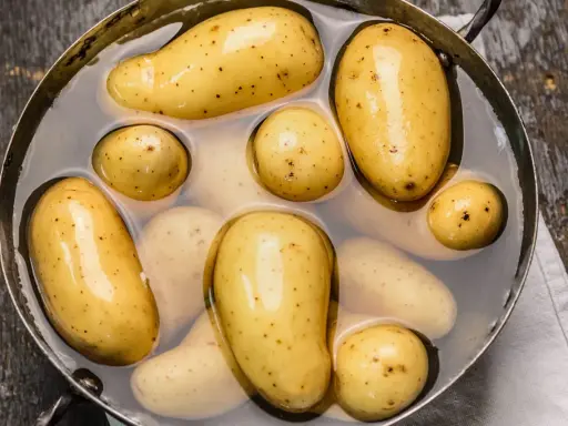 Des pommes de terre nouvelles dans une casserole d'eau, prêtes pour une délicieuse recette de pomme de terre.
