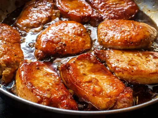 Filet mignon en train de dorer dans une poêle, leur marinade caramélisée créant une sauce appétissante.