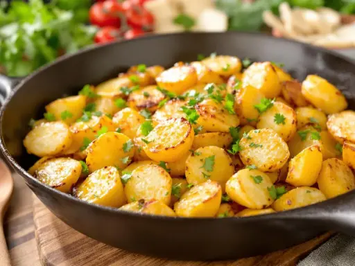Poêlée de pommes de terre sautées, dorées et parsemées de persil frais, dans une poêle en fonte. Un délice simple et savoureux.