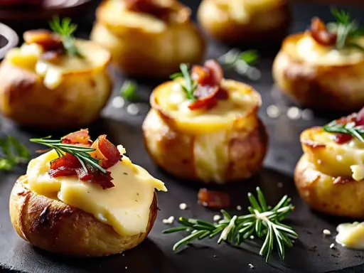Mini pommes de terre farcies au fromage fondant, garnies de lardons croustillants et de romarin. Parfaites pour des recettes de mini cocottes entrées.