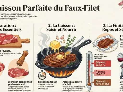 Illustration montrant les étapes pour une cuisson parfaite du faux-filet : préparation, saisie à feu vif, arrosage au beurre et à l'ail, puis repos et sauce.