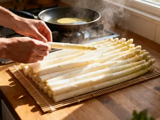 Préparation d'une recette d'asperges blanches. Des mains tiennent une asperge, tandis qu'une poêle chauffe en arrière-plan.