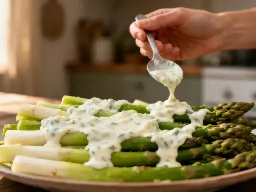Une cuillère verse une sauce crémeuse sur un plat d'asperges chaudes, vertes et blanches.