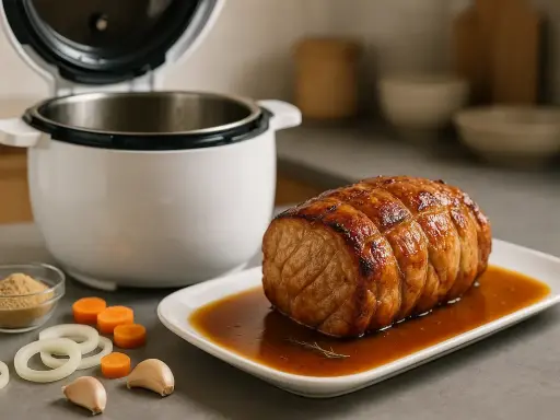 Un délicieux roti de porc cookeo, doré et juteux, baignant dans sa sauce. Ingrédients frais à côté : ail, oignon, carottes, épices.