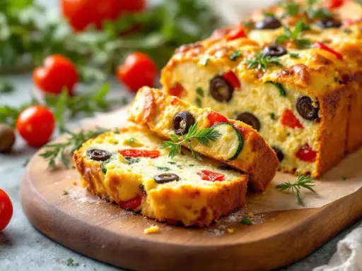 Un délicieux cake salé aux olives, tomates et courgettes, garni d'herbes fraîches, prêt à être dégusté.