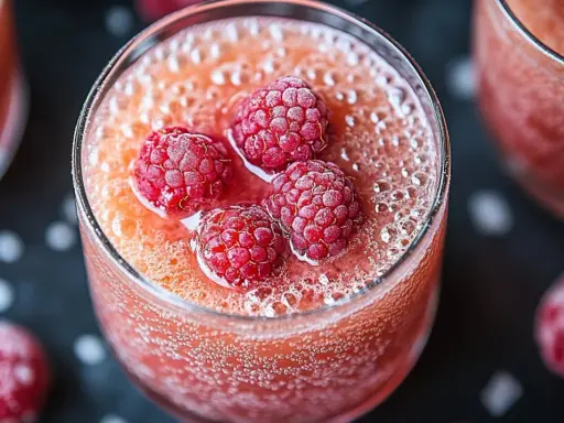 Une coupe de soupe de champagne originale, garnie de framboises givrées et pétillante.