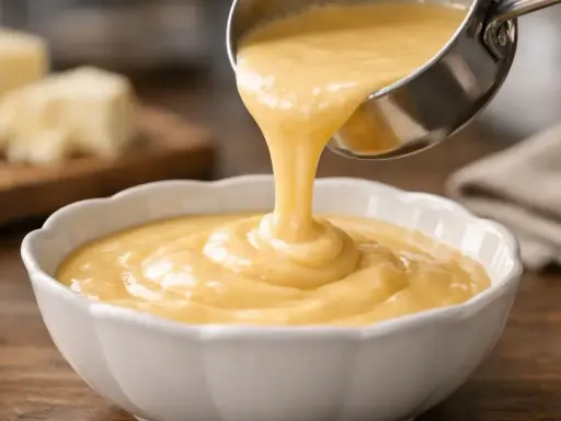 Une louche verse une sauce onctueuse et dorée dans un bol blanc. C'est la sauce au langres, prête à être dégustée.