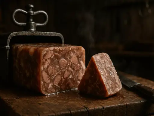 Un bloc de fromage de tête fumant, coupé en part, sur une planche en bois rustique. Un couteau à côté.