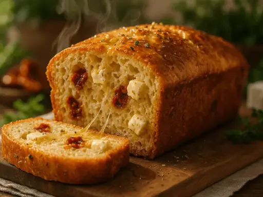 Un pain moelleux aux tomates séchées et feta, encore chaud, avec une tranche coupée révélant ses trésors fondants.