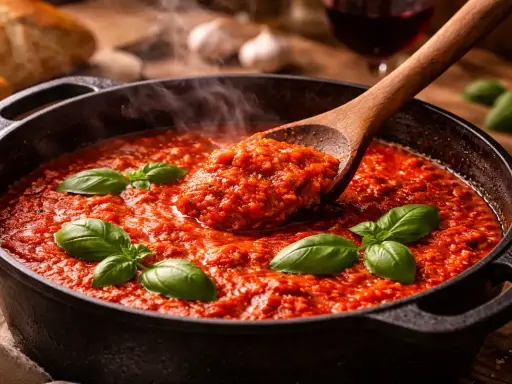 Une cuillère en bois sert une généreuse portion de sauce tomate maison fumante, garnie de basilic frais.