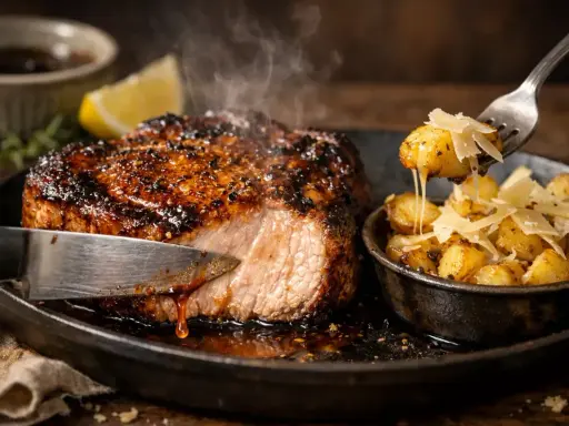 Côte de porc juteuse, parfaitement saisie, accompagnée de pommes de terre rôties et de copeaux de parmesan. La marinade a créé une croûte dorée irrésistible.
