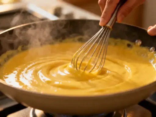 Mains d'un cuisinier fouettant une sauce hollandaise crémeuse dans une poêle sur la cuisinière.
