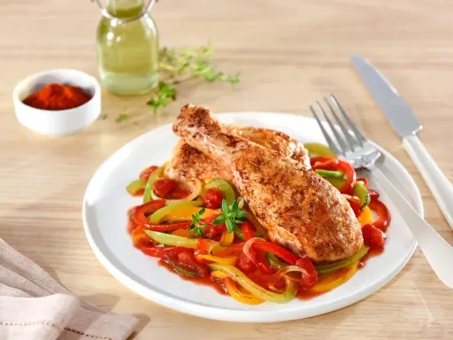 Poulet basquaise cookeo : des cuisses de poulet savoureuses sur un lit de poivrons colorés et de tomates. Un plat plein de saveurs.
