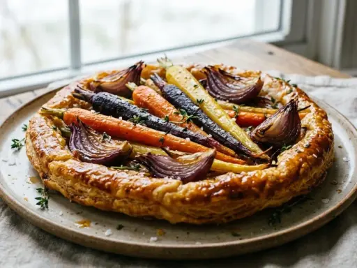Tarte rustique aux carottes multicolores, oignons rouges rôtis et touche de moutarde, garnie de thym frais.