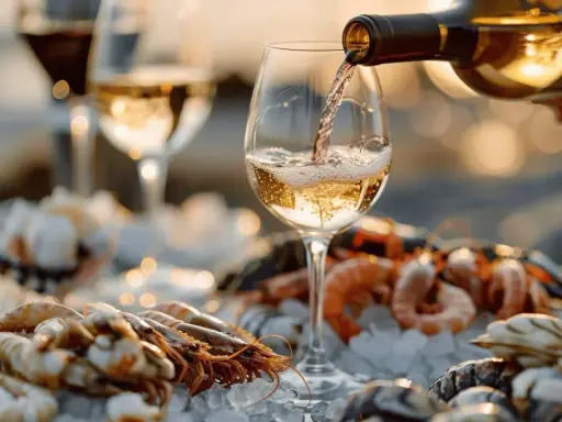 Un verre de vin blanc est versé sur un plateau de fruits de mer frais. Le meilleur vin blanc pour fruits de mer, une combinaison parfaite pour un repas d'été.