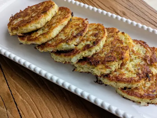 Six galettes de pomme de terre dorées et croustillantes, disposées sur un plat blanc festonné, prêtes à être dégustées.