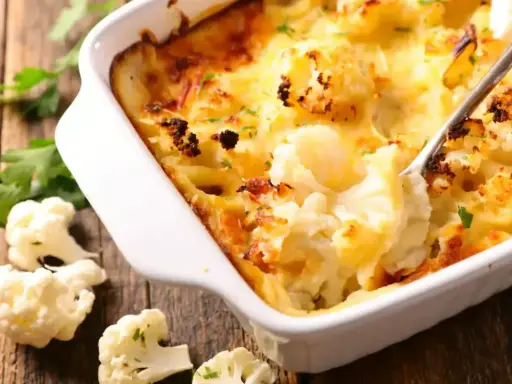 Un délicieux gratin de chou-fleur crémeux et doré, prêt à être dégusté.