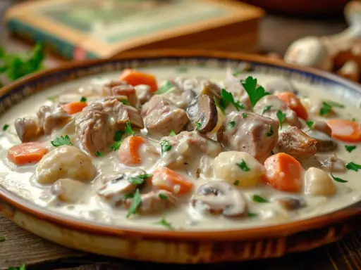 Blanquette de veau onctueuse, parsemée de carottes, champignons et persil. Un plat réconfortant préparé au Cookeo.