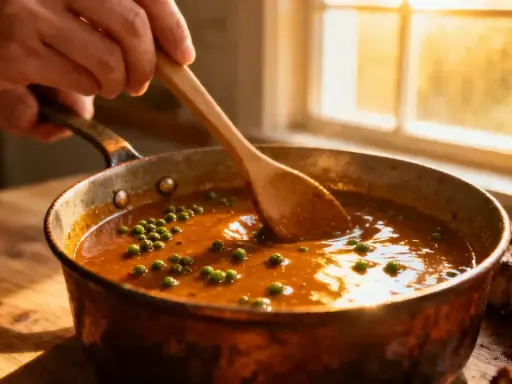 Une main remue une sauce au poivre verte dans une poêle en cuivre, à côté d'un steak grillé.