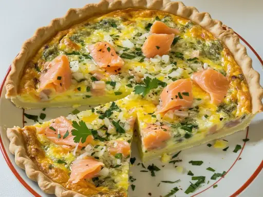 Une délicieuse quiche sans pâte grand-mère au saumon, oignons et persil, coupée en part.