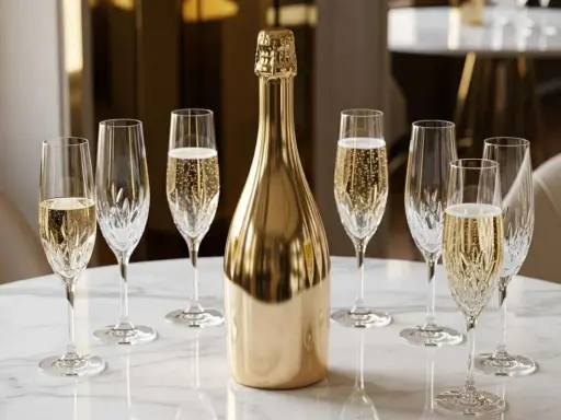 Une bouteille de champagne dorée est entourée de flûtes remplies de bulles. Combien de coupe dans une bouteille de champagne ? La fête commence !