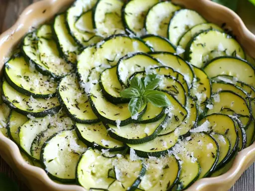 Un délicieux tian de courgettes, joliment disposé en spirale, parsemé d'herbes et de fromage râpé, avec une touche de basilic frais au centre.