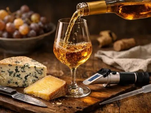 Verre de vin blanc sucré versé, accompagné de fromages bleus et affinés, de raisins et d'un réfractomètre.