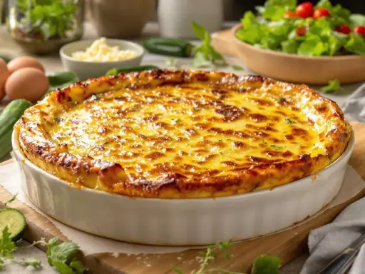Un délicieux flan de courgettes doré et gratiné, prêt à être dégusté. Des courgettes fraîches, des œufs et du fromage composent ce plat savoureux.