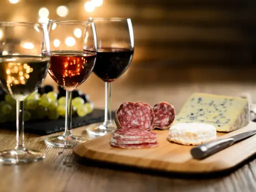 Trois verres de vin, blanc, rosé et rouge, accompagnent un plateau de fromages et charcuteries. La question est : quel vin avec le fromage ?