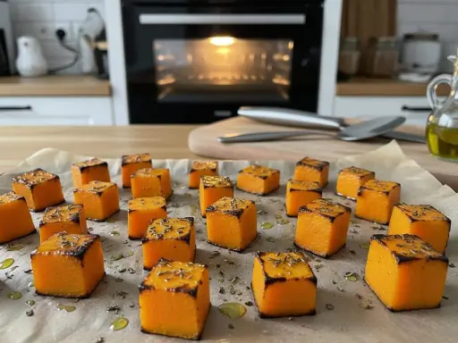 Dés cubes de courge rôtis sur une plaque de cuisson, prêts pour une délicieuse recette de courge au four. L'huile d'olive et les herbes ajoutent une touche savoureuse.