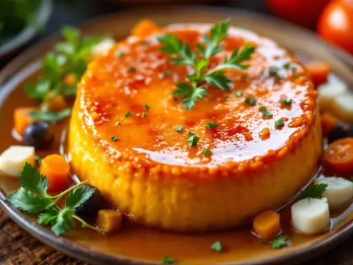 Un appétissant flan de légumes, nappé d'une sauce orangée et garni de persil frais, de carottes, de tomates cerises et d'olives.
