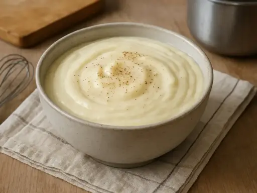 Un bol de béchamel sans beurre, onctueuse et saupoudrée de poivre, prête à être utilisée. Un fouet et une planche à découper sont visibles.