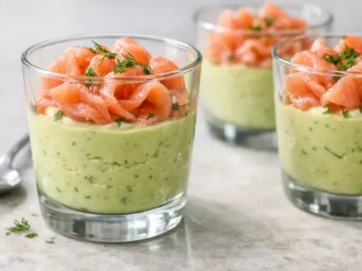 Verrine avocat saumon : une couche crémeuse d'avocat et d'herbes surmontée de fines tranches de saumon fumé, garnie d'aneth.