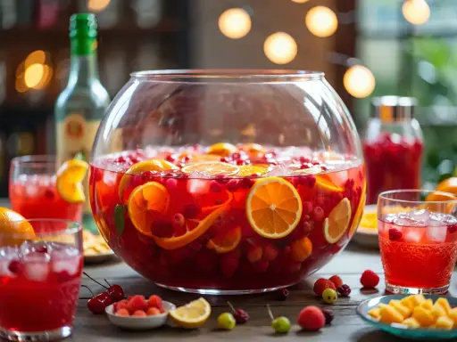 Un grand bol de punch fruité rouge avec des tranches d'orange et des baies, parfait pour une recette punch simple.