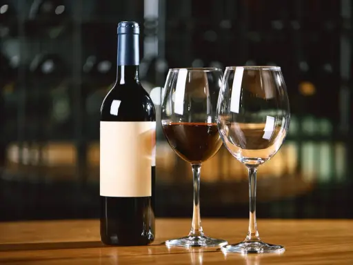 Une bouteille de vin rouge et deux verres, dont un partiellement rempli. Combien de verre dans une bouteille de vin ? La réponse est dans le plaisir de la dégustation.