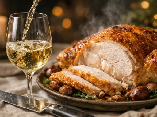 Un chapon rôti, tranché et fumant, servi avec des marrons. Un verre de vin blanc est versé, parfait pour accompagner ce plat festif. Quel vin avec du chapon ?
