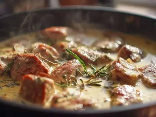 Délicieux sauté de porc mijotant dans une sauce crémeuse, parfumé au romarin. La vapeur s'échappe doucement de la poêle.