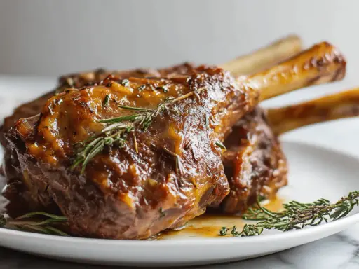 Trois souris d'agneau braisées, nappées d'une sauce dorée et garnies de romarin frais, sur une assiette blanche.