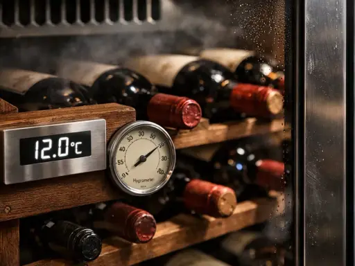 Cave à vin avec bouteilles rangées. Un thermomètre affiche 12.0°C, garantissant la température idéale pour la conservation.