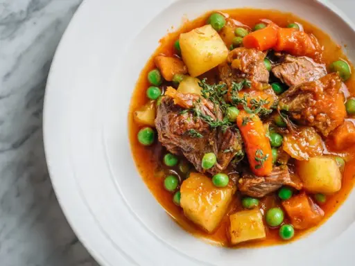 Un savoureux navarin d'agneau recette, garni de pois, carottes et pommes de terre, dans une assiette blanche sur fond marbre.
