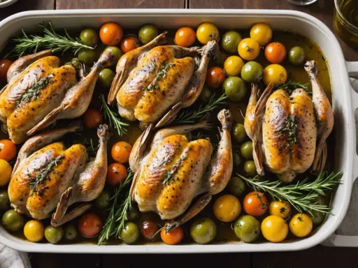 Cinq coquelets au four dorés, accompagnés de tomates cerises multicolores et de romarin frais, dans un plat blanc.